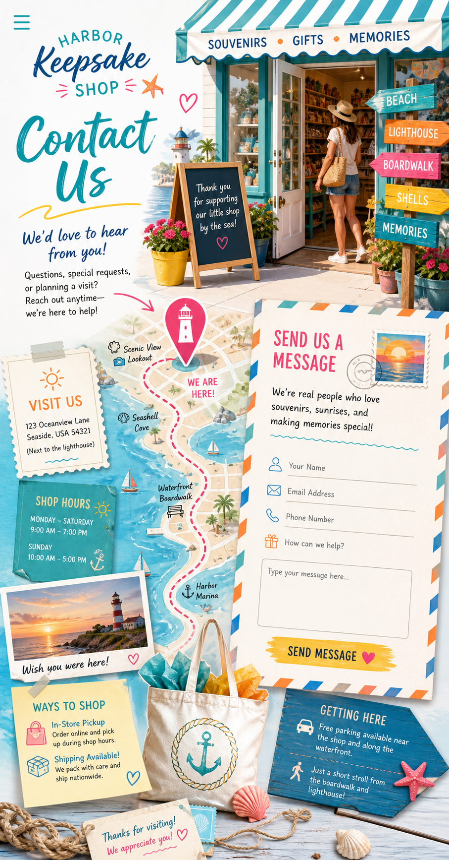 Harbor Keepsake Shop contact page and storefront